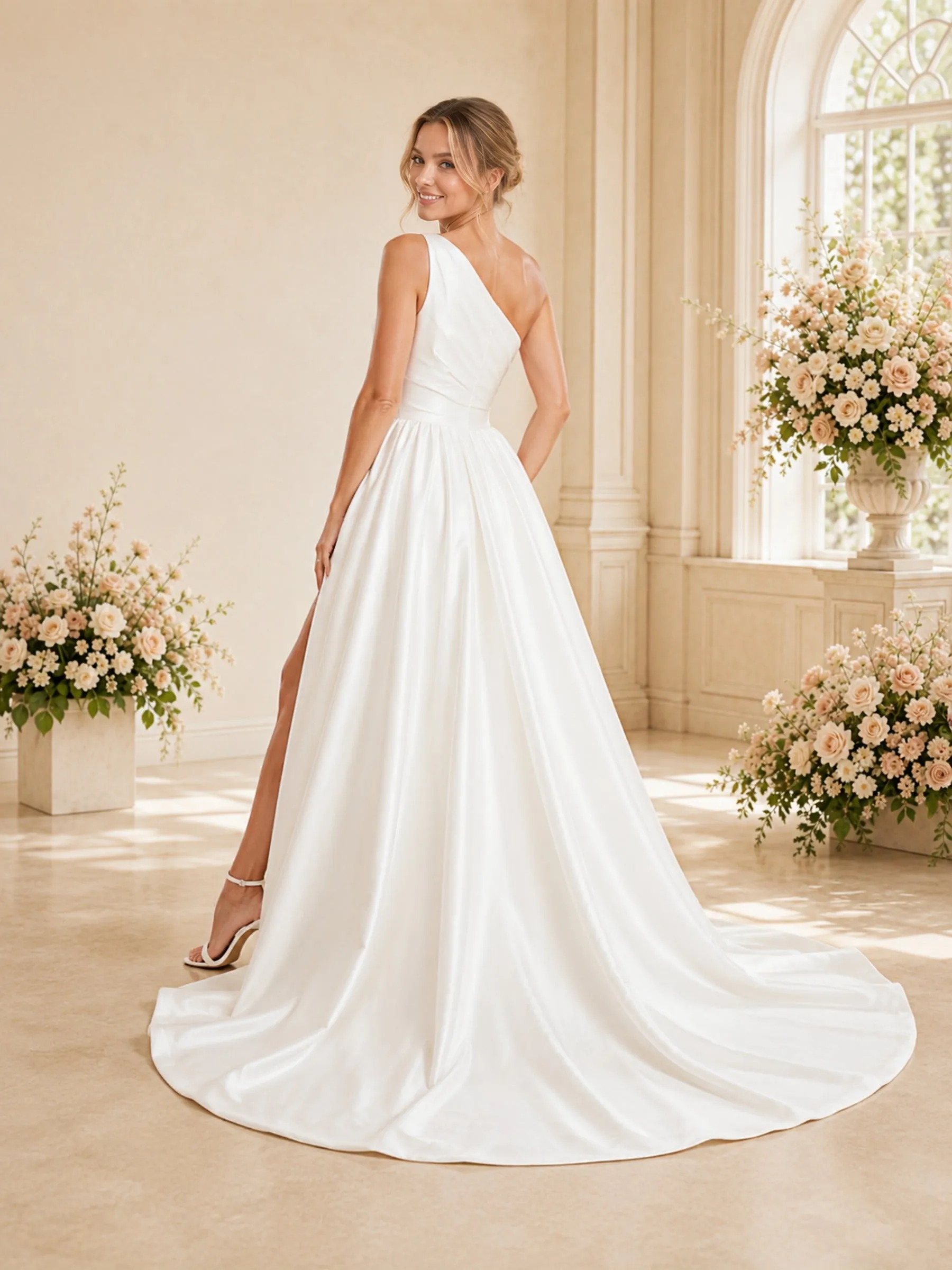 ChicSew Elegant A-line One Shoulder Ruching Satin Wedding Dresses With Side Slit sold by ChicSew product image thumbnail 4