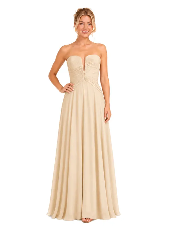 ChicSew Unique Strapless Plunging Sweetheart Chiffon A-Line Pleated Long Bridesmaid Dresses made by ChicSew