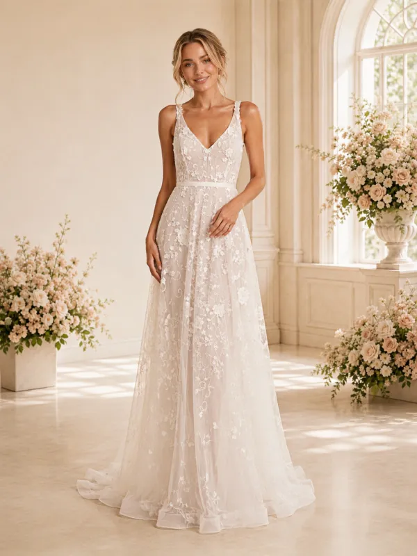 ChicSew Sexy Deep V-Back A-line Spaghetti Straps V-Neck Long Wedding Dresses Online made by ChicSew