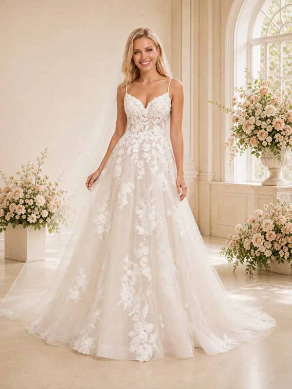 ChicSew Beautiful A-line Spaghetti Straps V-Neck Long Lace Appliques Wedding Dresses Online made by ChicSew