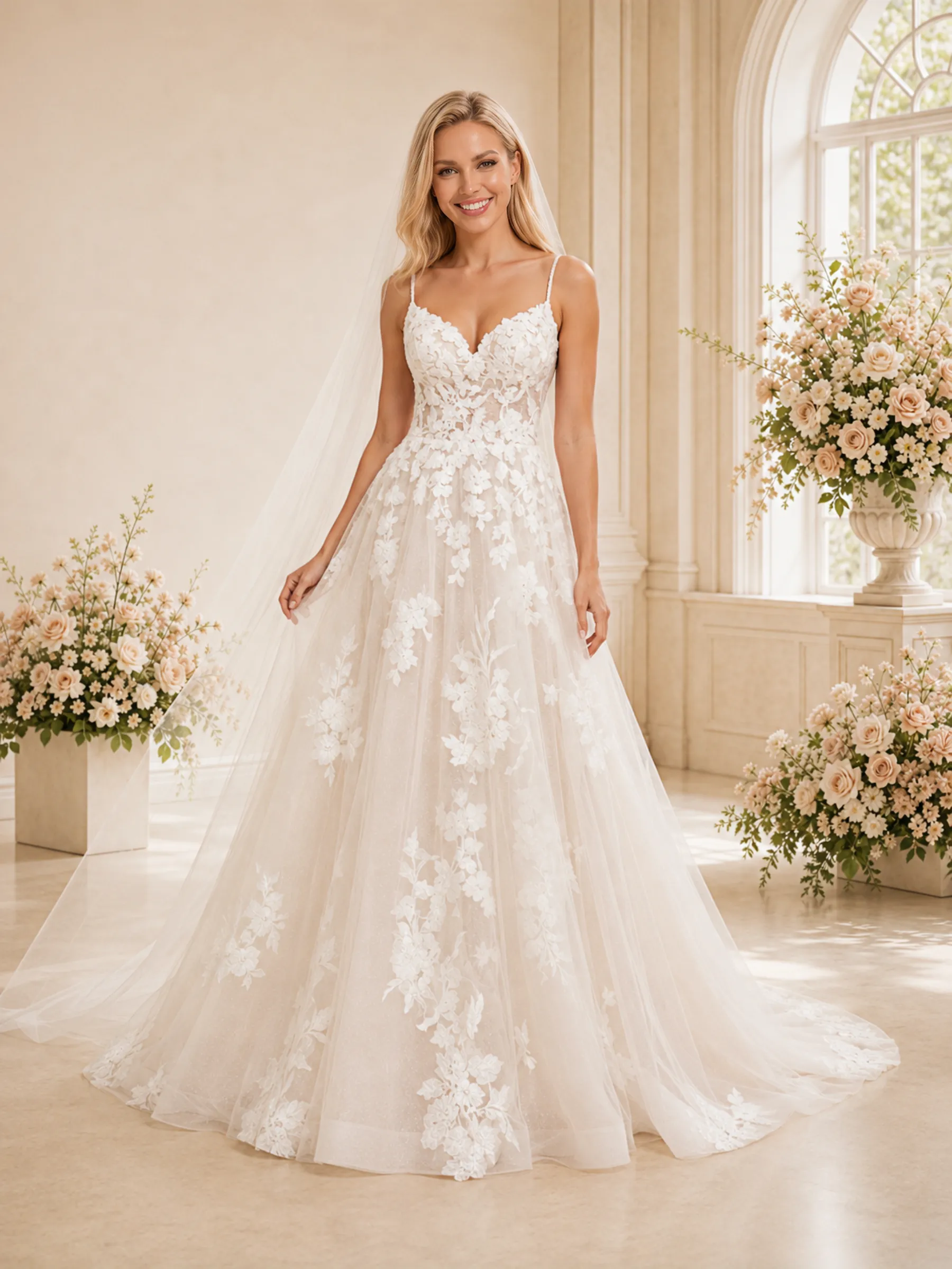ChicSew Beautiful A-line Spaghetti Straps V-Neck Long Lace Appliques Wedding Dresses Online sold by ChicSew