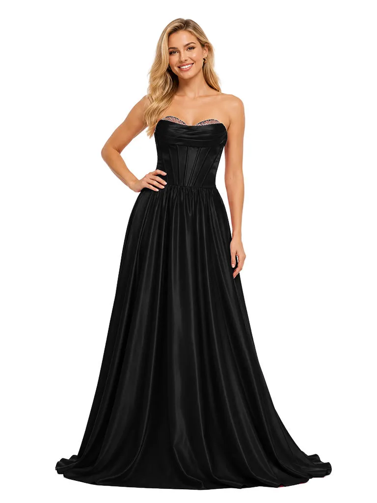 ChicSew Glamorous Strapless Sweetheart Boning Bridal Party Soft Satin Floor-Length Rhinestone A-Line Bridesmaid Gown sold by ChicSew product image thumbnail 4