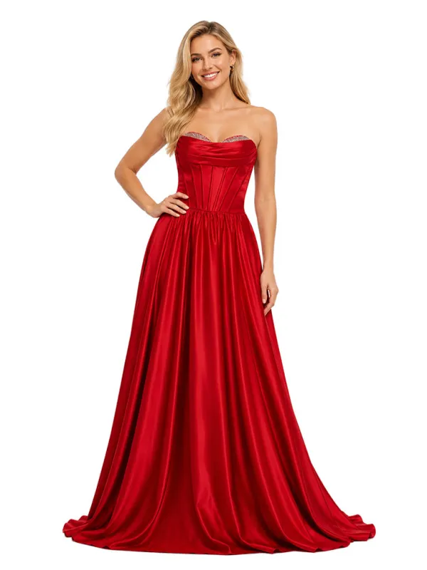 ChicSew Glamorous Strapless Sweetheart Boning Bridal Party Soft Satin Floor-Length Rhinestone A-Line Bridesmaid Gown made by ChicSew