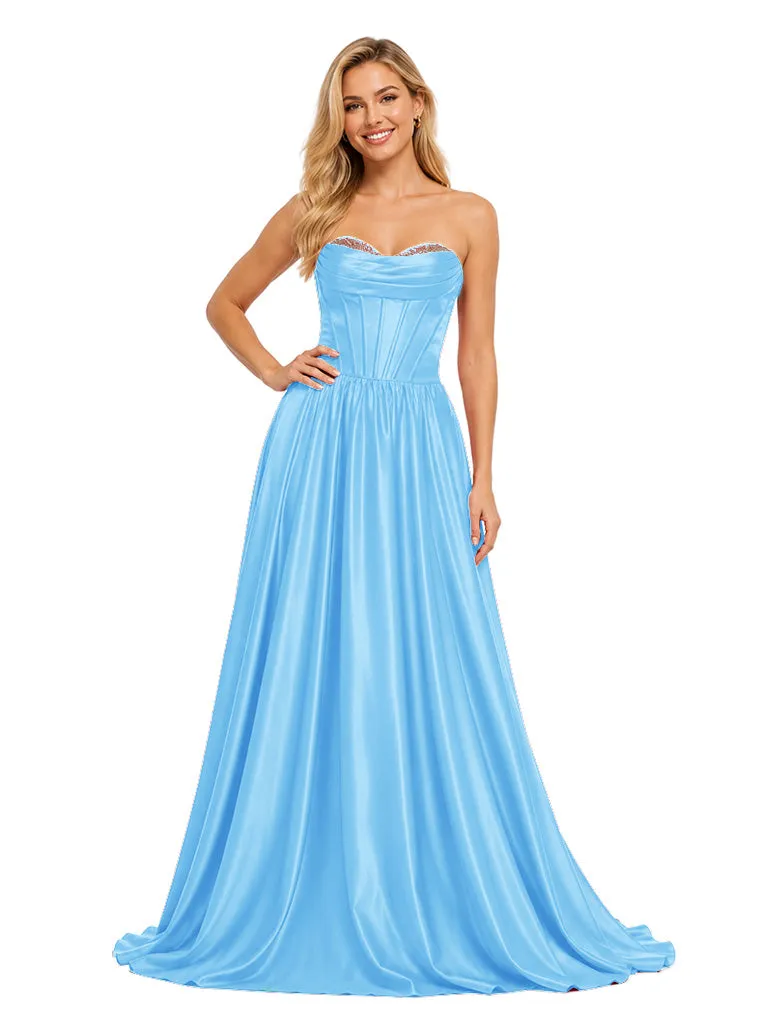 ChicSew Glamorous Strapless Sweetheart Boning Bridal Party Soft Satin Floor-Length Rhinestone A-Line Bridesmaid Gown sold by ChicSew product image thumbnail 5
