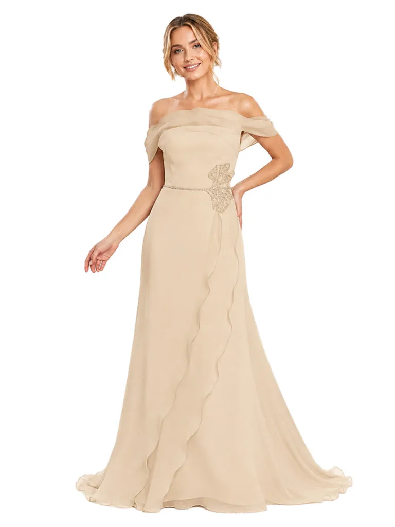 Chicsew Off Shoulder Sleeveless Chiffon A-Line Long Bridesmaid Dresses With Lace Appliques sold by ChicSew