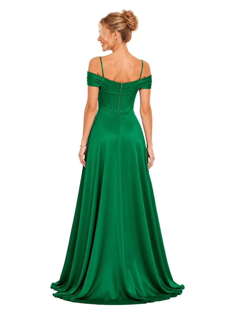 ChicSew Elegant Cold Shoulder Boning Side Slit A-Line Floor-Length Satin Bridesmaid Dresses sold by ChicSew product image thumbnail 3
