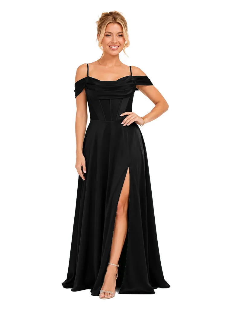 ChicSew Elegant Cold Shoulder Boning Side Slit A-Line Floor-Length Satin Bridesmaid Dresses sold by ChicSew product image thumbnail 4