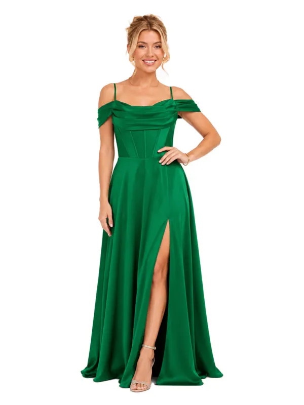 ChicSew Elegant Cold Shoulder Boning Side Slit A-Line Floor-Length Satin Bridesmaid Dresses made by ChicSew