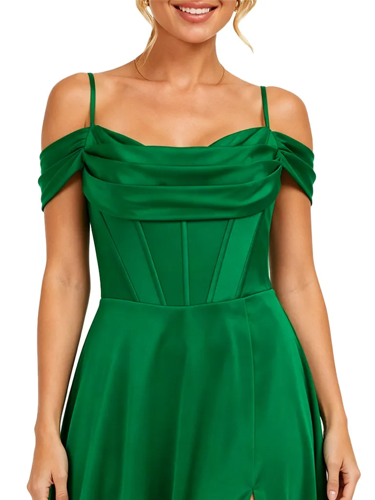 ChicSew Elegant Cold Shoulder Boning Side Slit A-Line Floor-Length Satin Bridesmaid Dresses sold by ChicSew product image thumbnail 2
