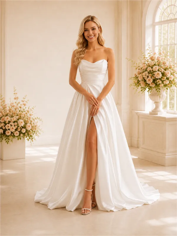 ChicSew Elegant Sweetheart A-line Ruched Satin Maxi Wedding Dresses With Slit made by ChicSew