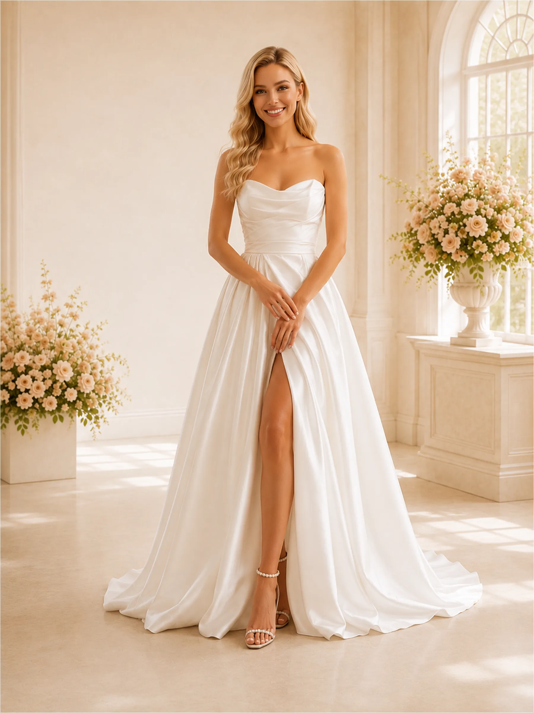 ChicSew Elegant Sweetheart A-line Ruched Satin Maxi Wedding Dresses With Slit sold by ChicSew
