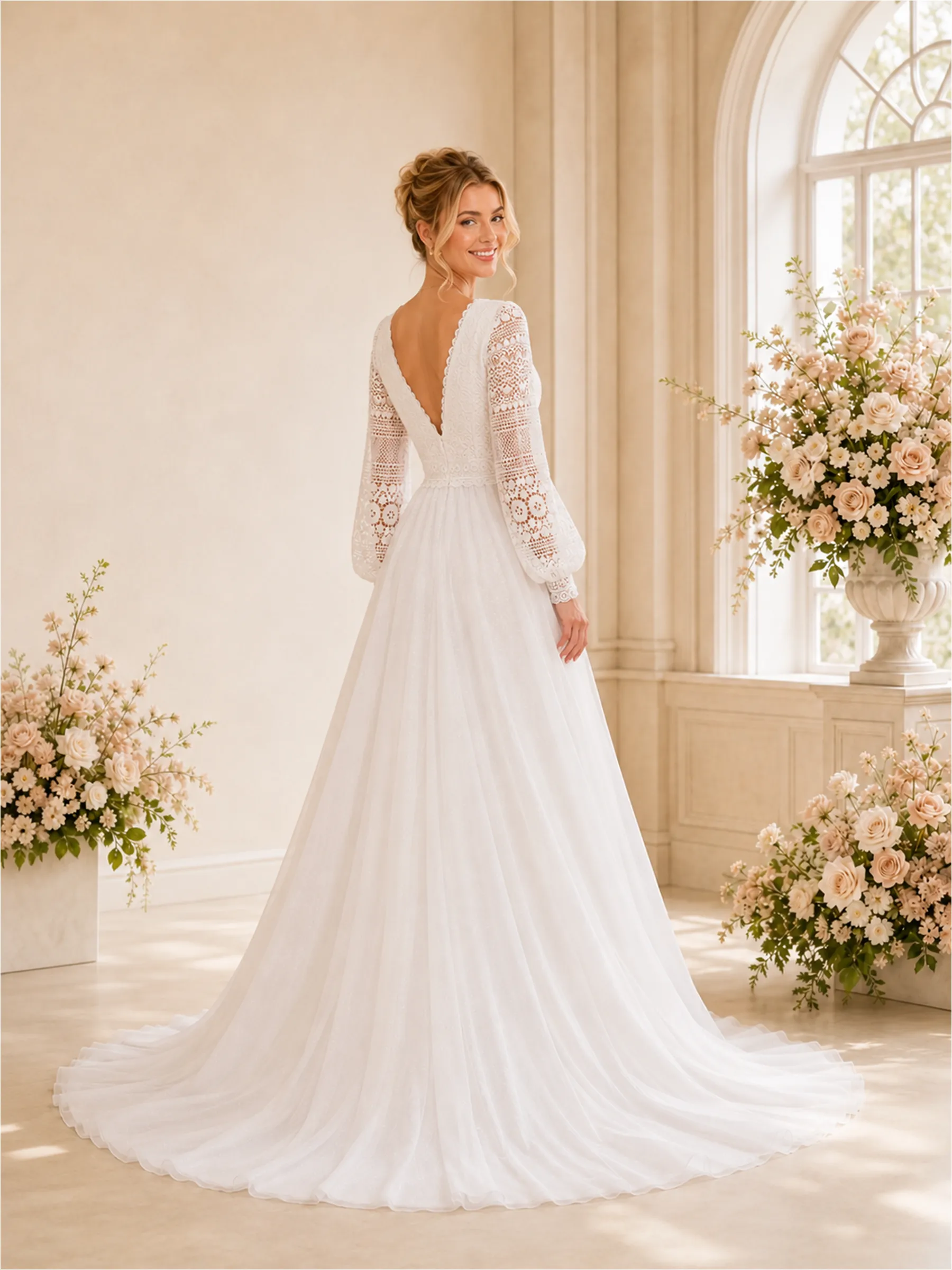ChicSew Sexy Deep V-Neck A-Line Long Sleeves Floor-Length Lace Tulle Wedding Dresses sold by ChicSew product image thumbnail 3
