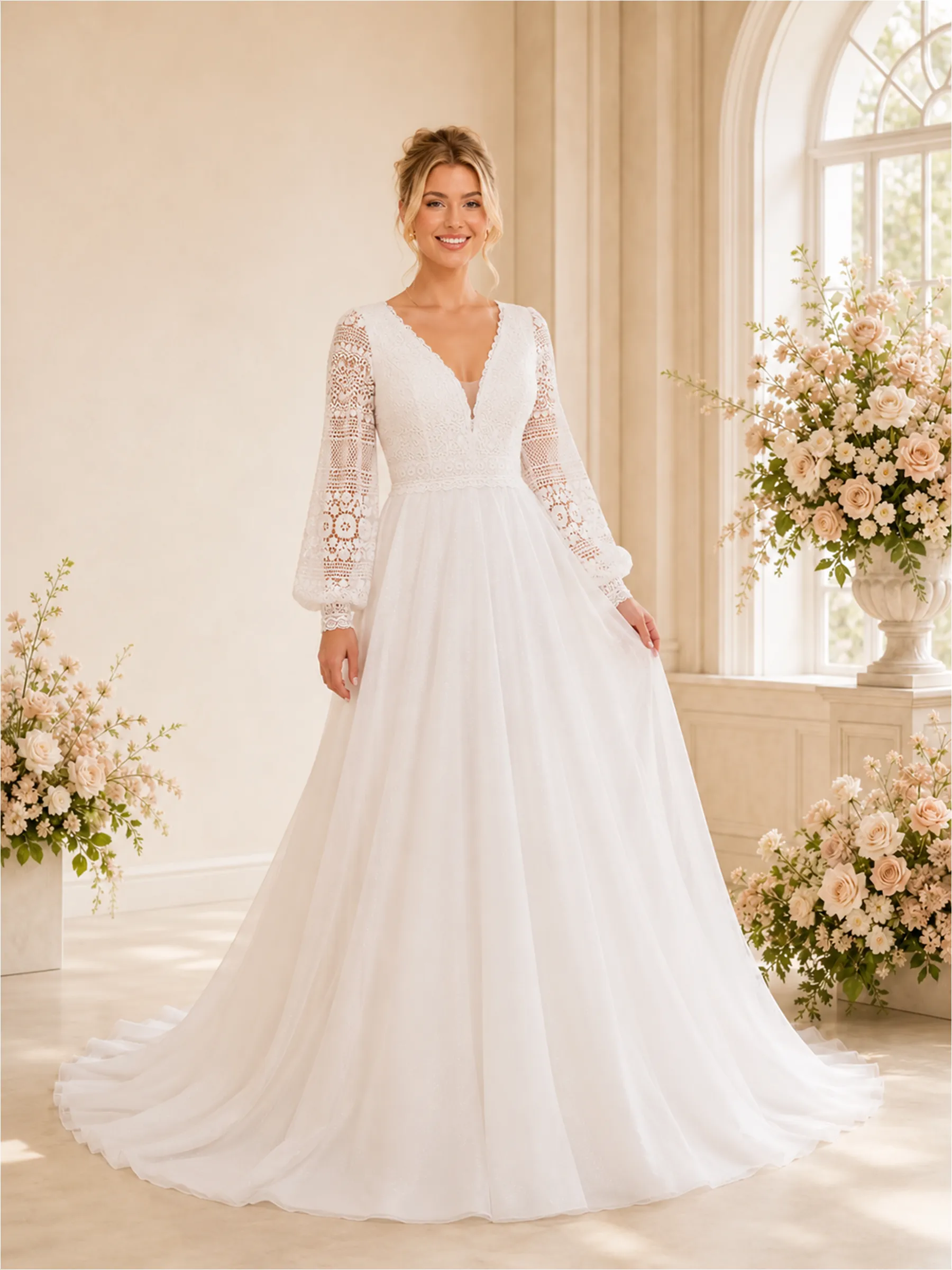 ChicSew Sexy Deep V-Neck A-Line Long Sleeves Floor-Length Lace Tulle Wedding Dresses sold by ChicSew