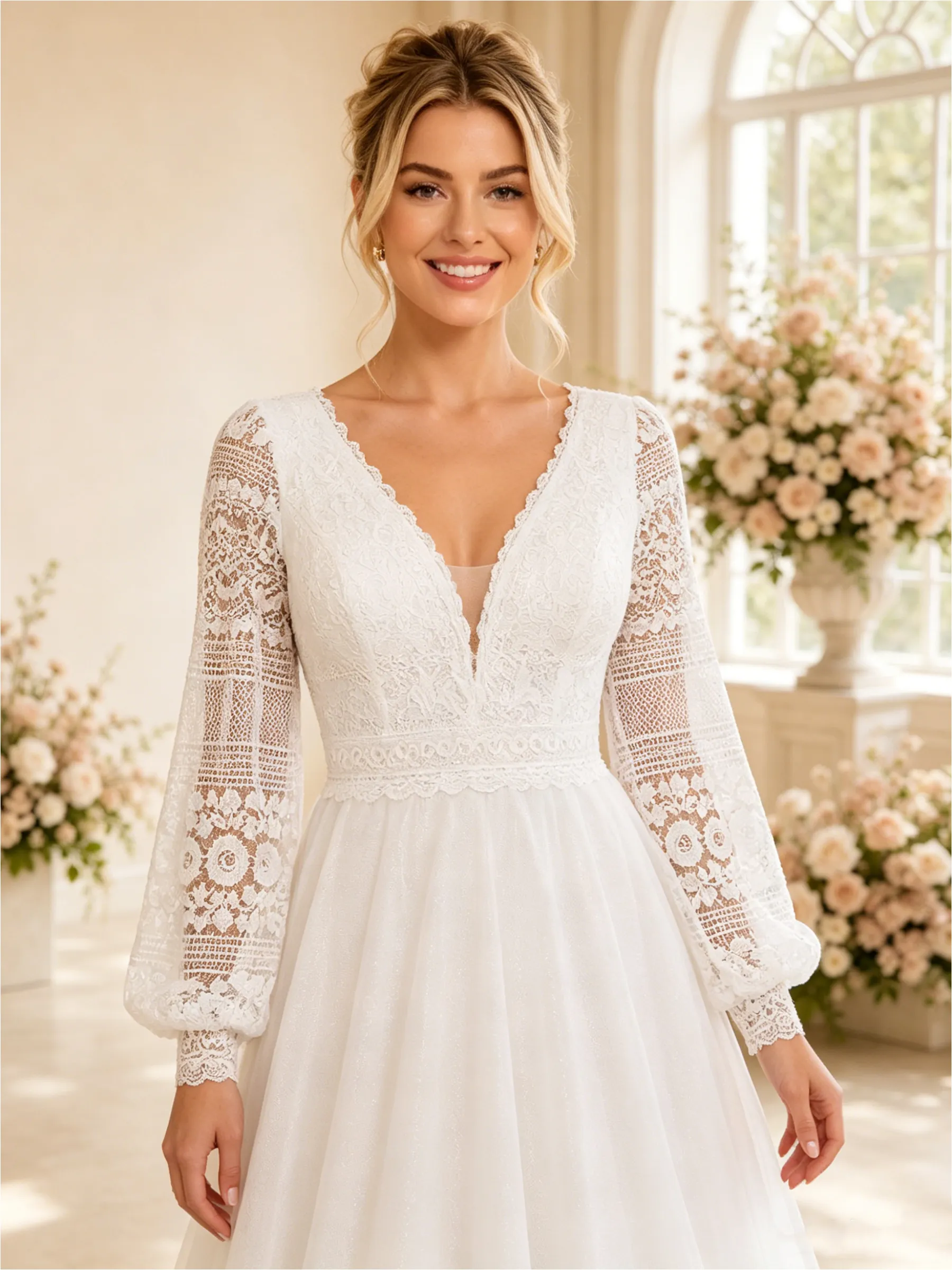 ChicSew Sexy Deep V-Neck A-Line Long Sleeves Floor-Length Lace Tulle Wedding Dresses sold by ChicSew product image thumbnail 2
