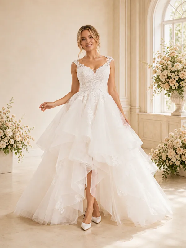 ChicSew Spaghetti Straps V-Neck A-Line High-Low Lace Tulle Wedding Dresses made by ChicSew
