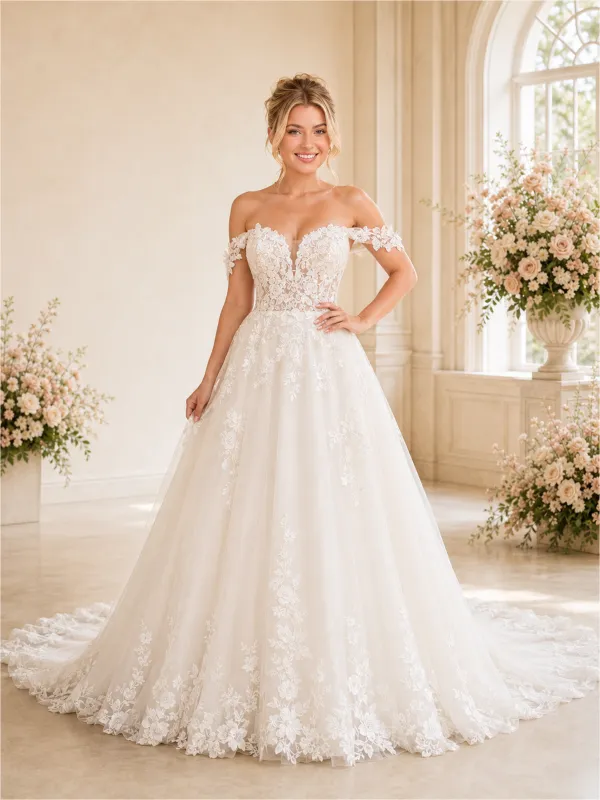 ChicSew Elegant Off The Shoulder A-Line Lace Tulle Long Wedding Dresses made by ChicSew