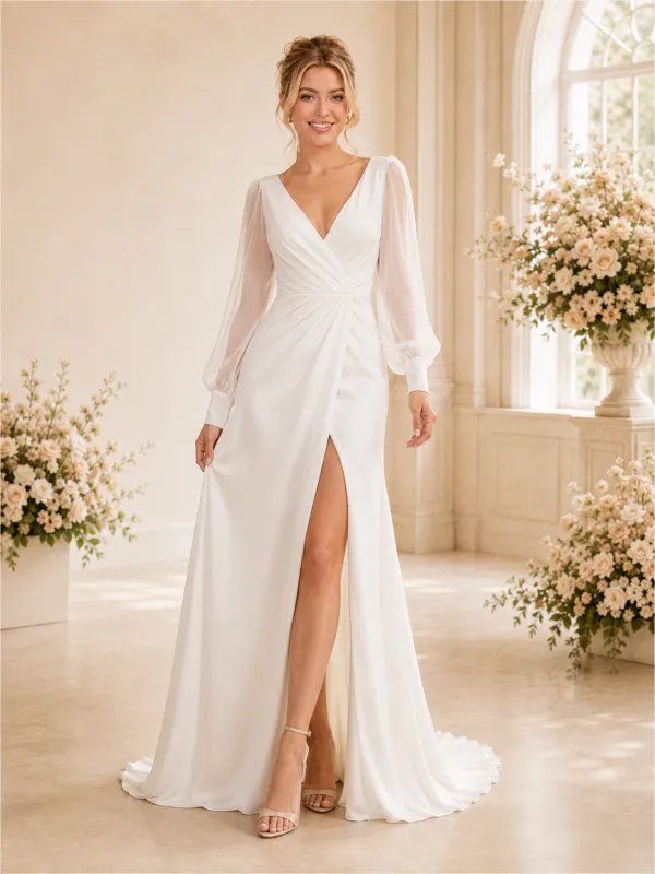 ChicSew Elegant Chiffon Sheath Long Tulle Sleeves V-Neck Side Slit Maxi Wedding Dresses made by ChicSew