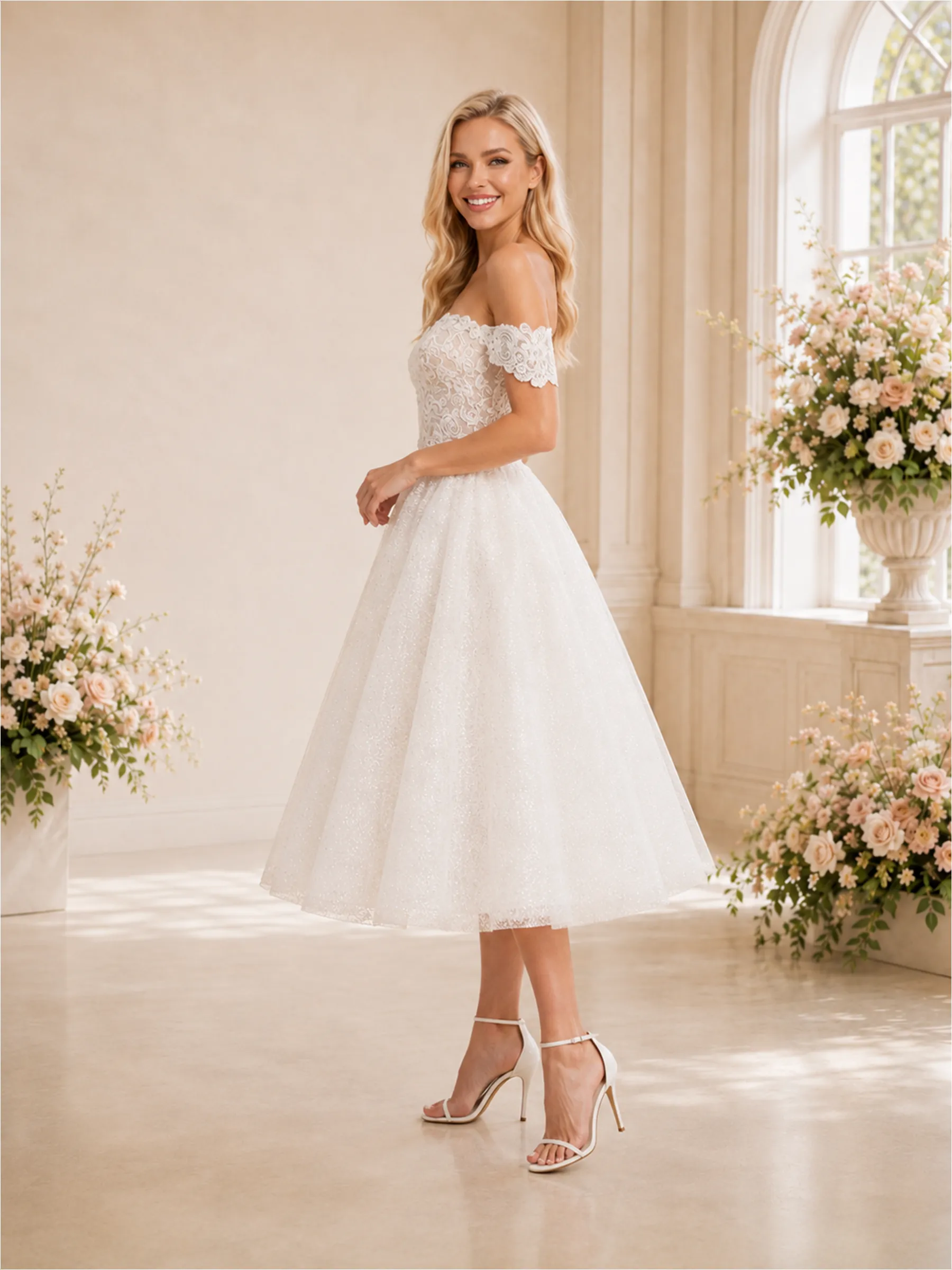ChicSew Elegant Off The Shoulder A-Line Midi Lace Tulle Wedding Dresses sold by ChicSew product image thumbnail 3