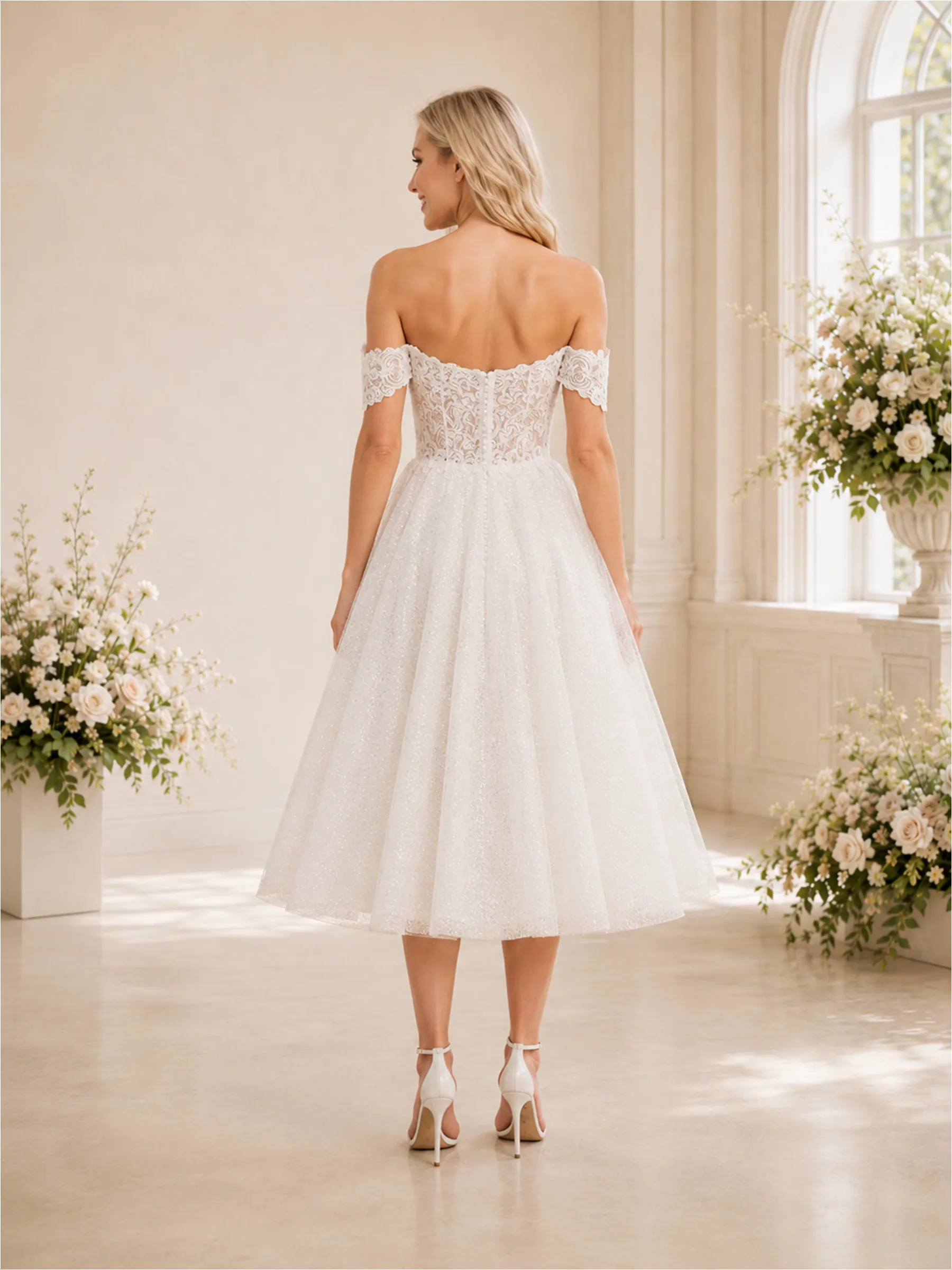 ChicSew Elegant Off The Shoulder A-Line Midi Lace Tulle Wedding Dresses sold by ChicSew product image thumbnail 4
