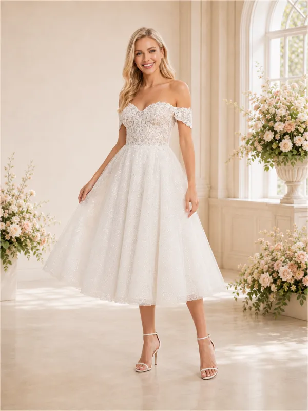 ChicSew Elegant Off The Shoulder A-Line Midi Lace Tulle Wedding Dresses made by ChicSew