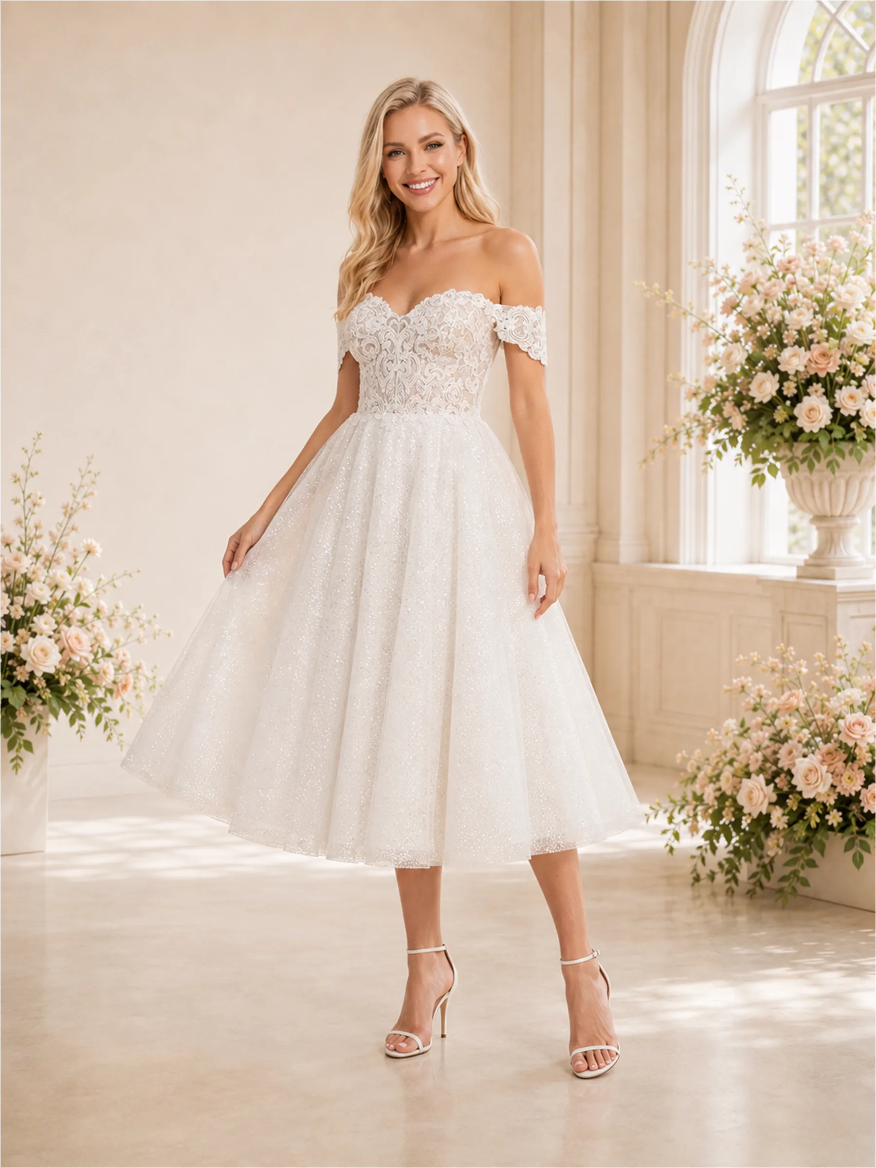 ChicSew Elegant Off The Shoulder A-Line Midi Lace Tulle Wedding Dresses sold by ChicSew