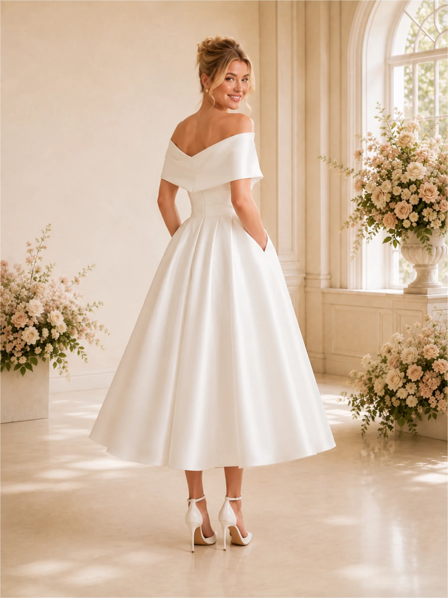 ChicSew Elegant Off The Shoulder A-Line Sleeveless Satin Tea-Length Wedding Dresses With Pocket sold by ChicSew product image thumbnail 4
