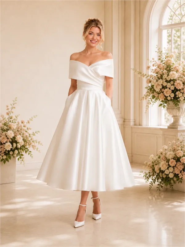 ChicSew Elegant Off The Shoulder A-Line Sleeveless Satin Tea-Length Wedding Dresses With Pocket made by ChicSew