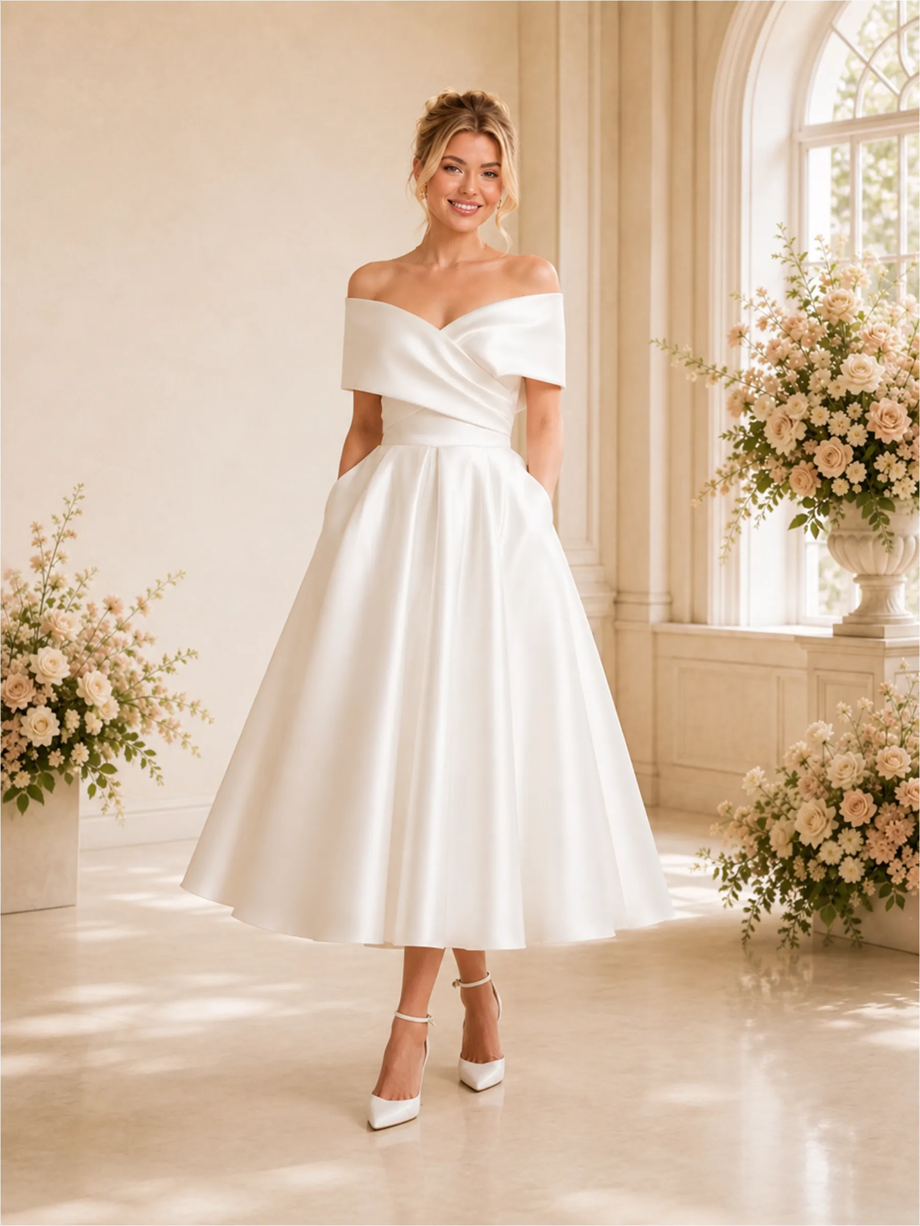 ChicSew Elegant Off The Shoulder A-Line Sleeveless Satin Tea-Length Wedding Dresses With Pocket sold by ChicSew