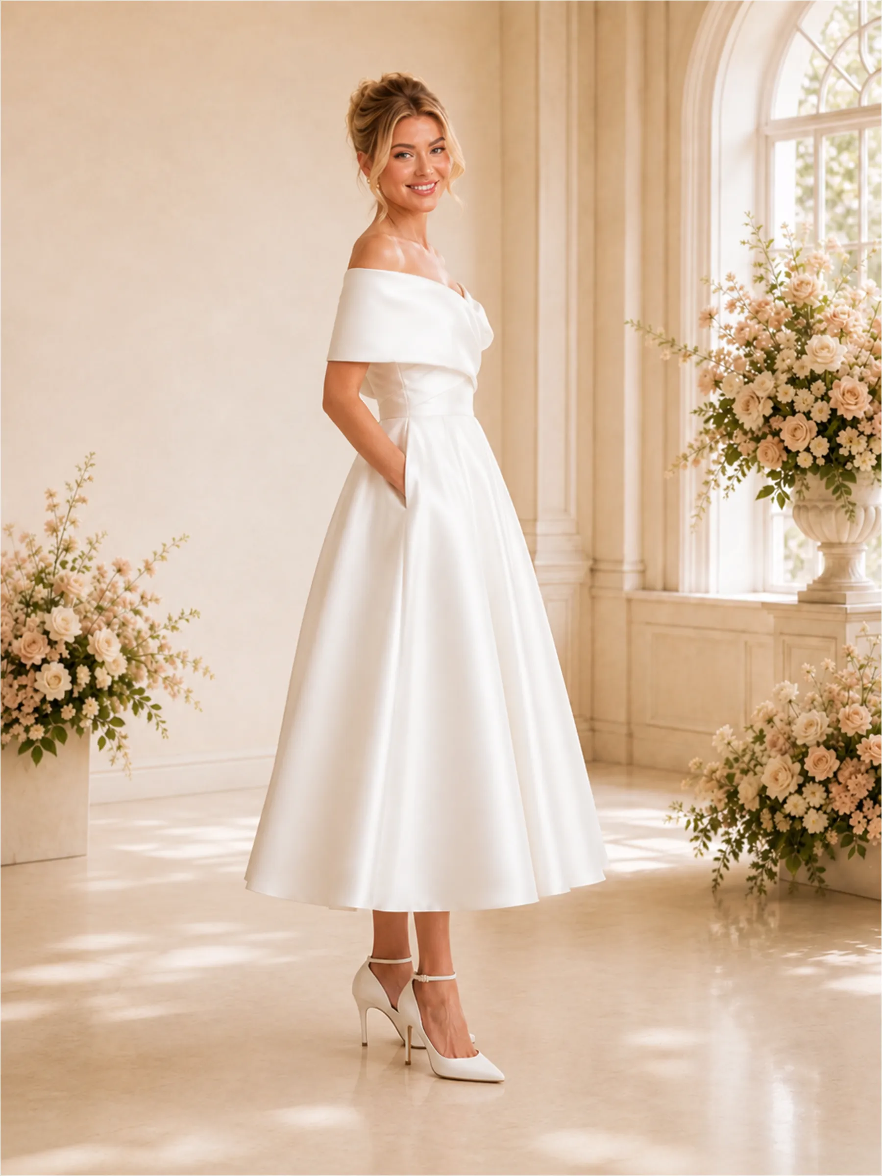 ChicSew Elegant Off The Shoulder A-Line Sleeveless Satin Tea-Length Wedding Dresses With Pocket sold by ChicSew product image thumbnail 3