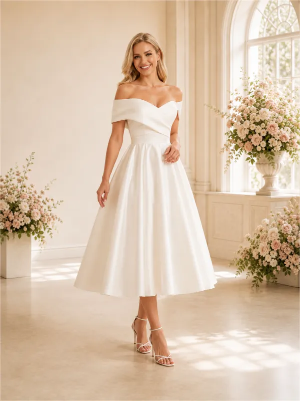 ChicSew Simple Off The Shoulder A-Line Sleeveless Satin Tea-Length Wedding Dresses made by ChicSew
