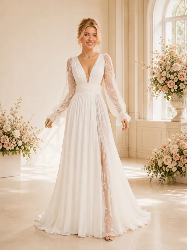 ChicSew Sexy A-Line Chiffon Long Sleeves Deep V-Neck Wedding dresses Online made by ChicSew