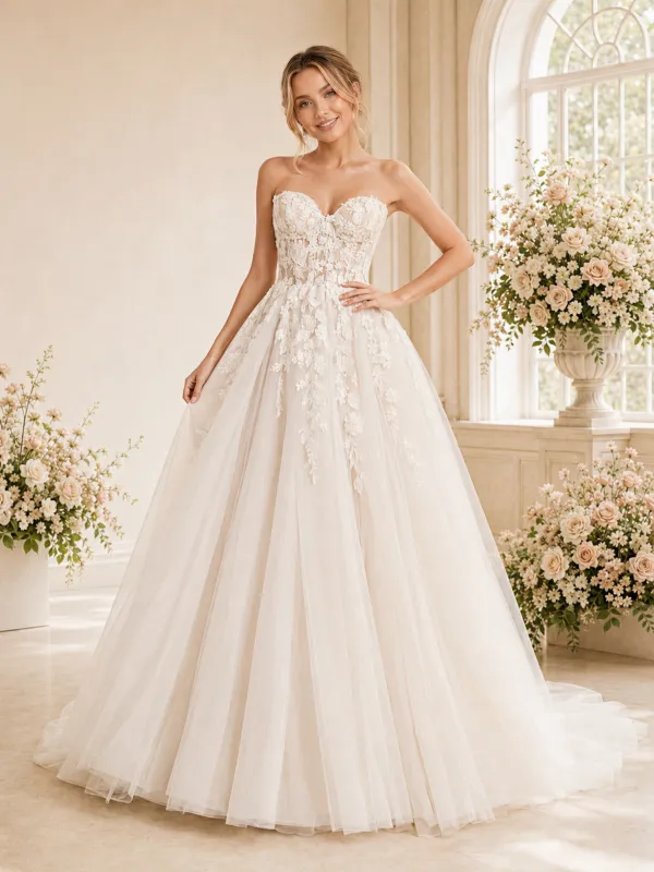 ChicSew Sweetheart A-Line Sleeveless Lace Tulle Maxi Long Wedding Dresses made by ChicSew