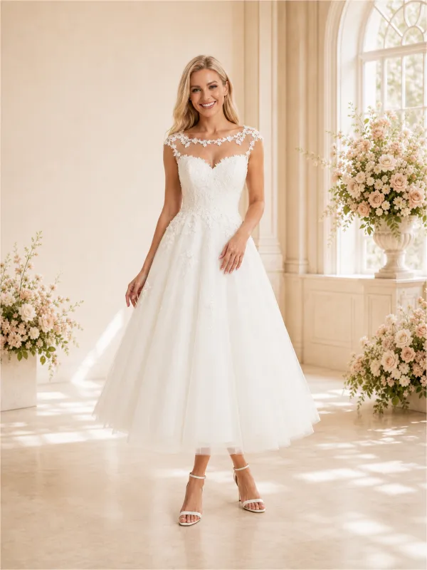 ChicSew Elegant Illusion Sleeveless A-Line Midi Lace Tulle Wedding Dresses made by ChicSew