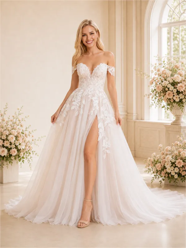 ChicSew Sexy Off The Shoulder A-Line Side Slit Lace Tulle Maxi Long Wedding Dresses made by ChicSew