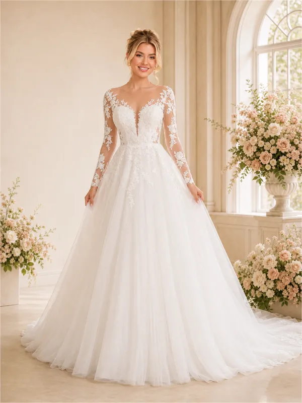 ChicSew Unique Deep V-Neck A-Line Long Sleeves Lace Tulle Maxi Long Wedding Dresses made by ChicSew