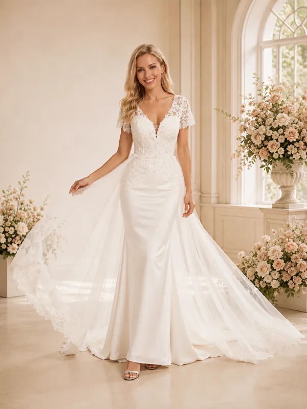 ChicSew Beautiful V-Neck Mermaid Short Sleeves Satin Long Wedding Dresses Online made by ChicSew
