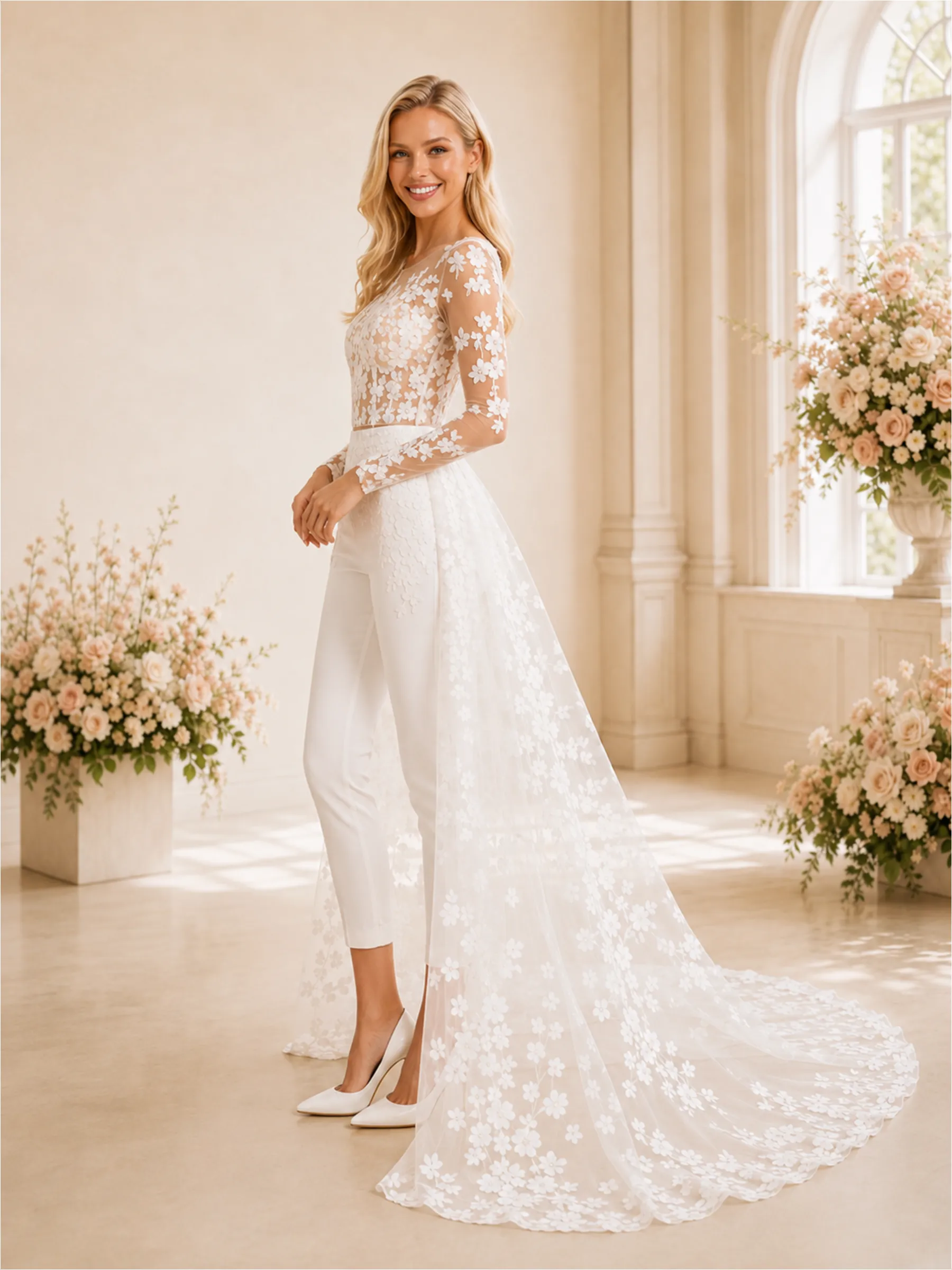 ChicSew Modern Illusion Long Sleeves Two Piece Lace Tulle Wedding Outfit With Overskirt sold by ChicSew product image thumbnail 3