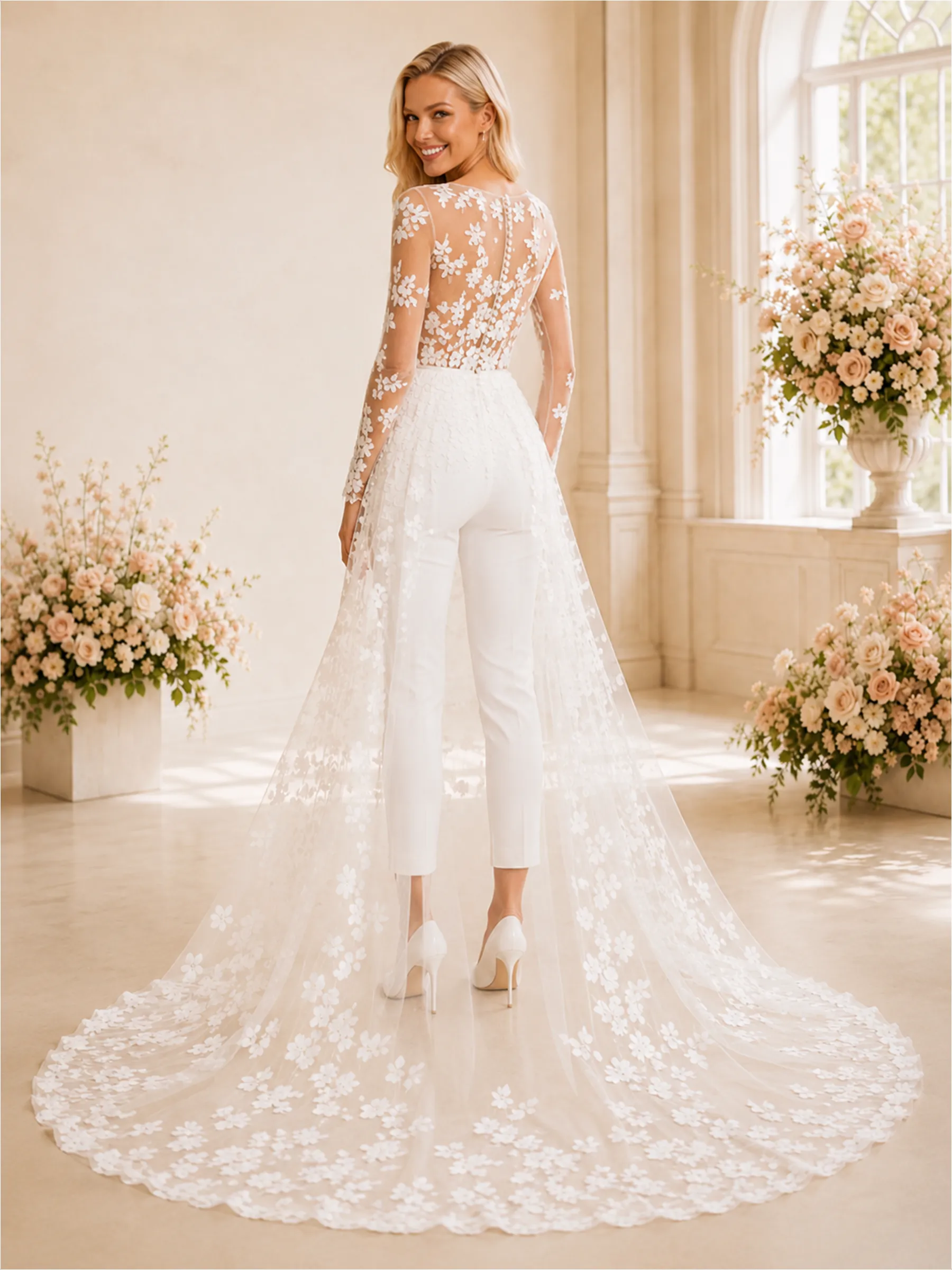 ChicSew Modern Illusion Long Sleeves Two Piece Lace Tulle Wedding Outfit With Overskirt sold by ChicSew product image thumbnail 4