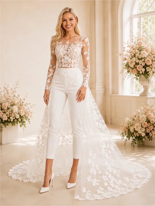 ChicSew Modern Illusion Long Sleeves Two Piece Lace Tulle Wedding Outfit With Overskirt made by ChicSew