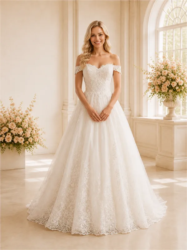 ChicSew Beautiful Off The Shoulder A-Line Lace Tulle Maxi Long Wedding Dresses made by ChicSew