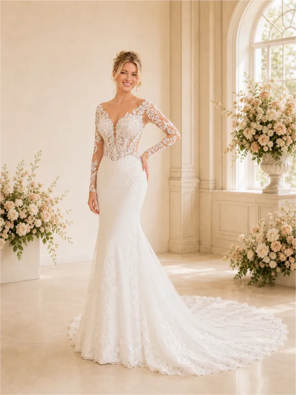 ChicSew Delicate V-Neck Mermaid Lace Tulle Long Sleeves Maxi Long Wedding Dresses made by ChicSew