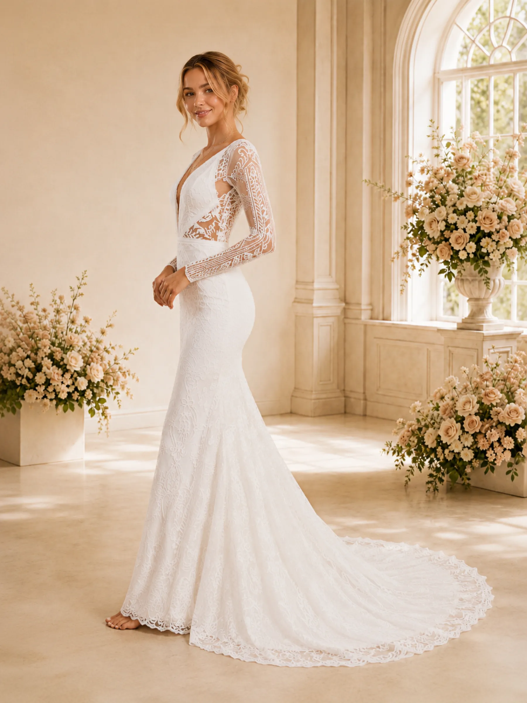 ChicSew Modern Deep V-Neck Lace Mermaid Long Sleeves Wedding Dresses With Train sold by ChicSew product image thumbnail 3