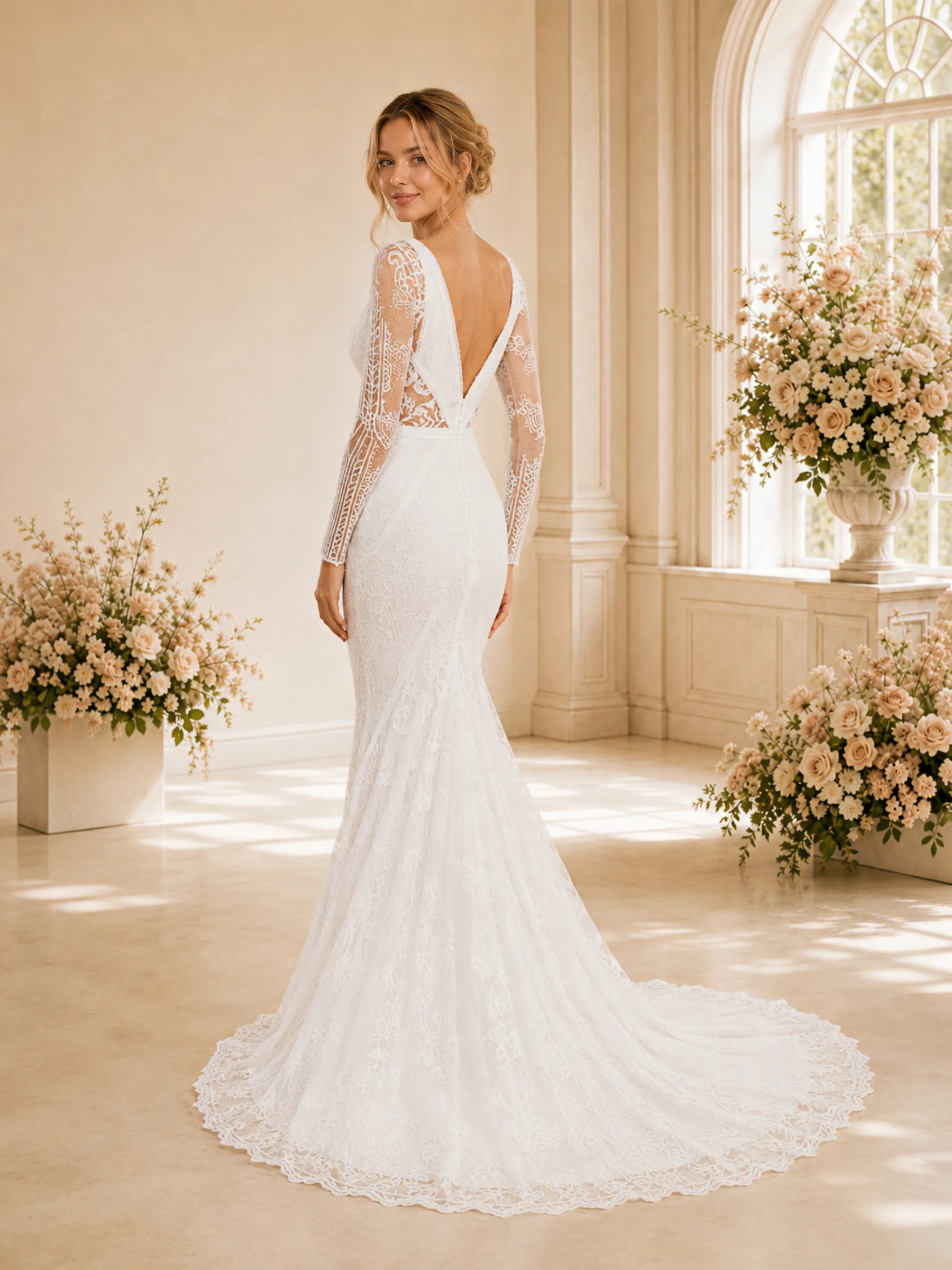 ChicSew Modern Deep V-Neck Lace Mermaid Long Sleeves Wedding Dresses With Train sold by ChicSew product image thumbnail 4