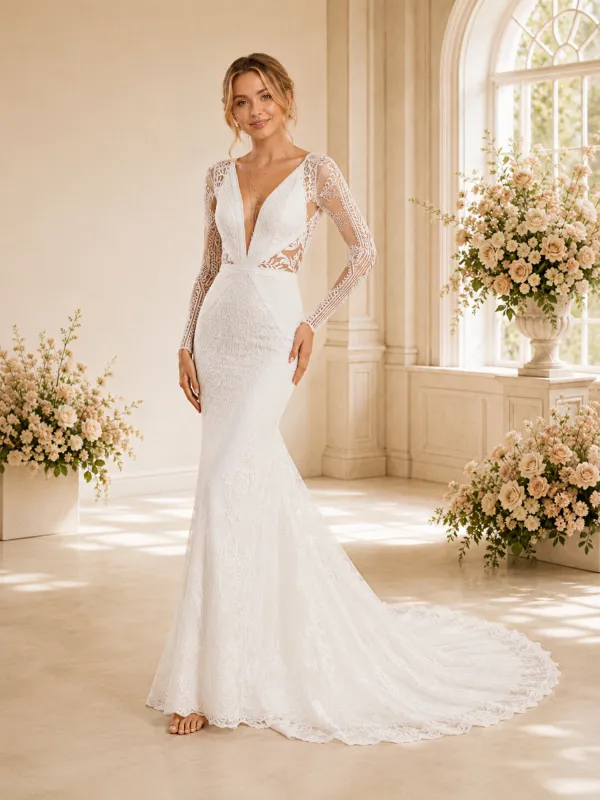 ChicSew Modern Deep V-Neck Lace Mermaid Long Sleeves Wedding Dresses With Train made by ChicSew