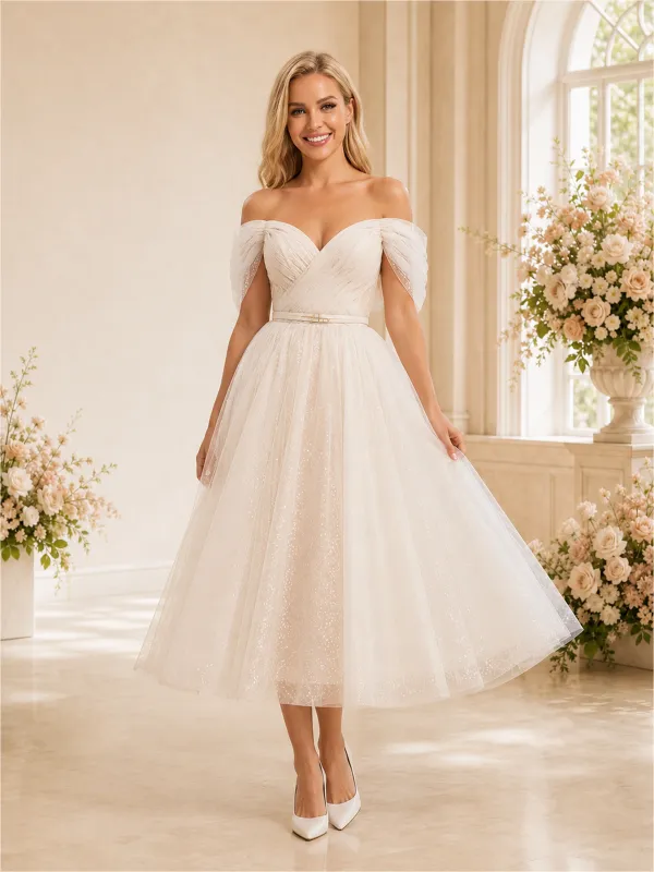 ChicSew Elegant A-line Off The Shoulder Glitter Tulle Midi Wedding Dresses Open Back made by ChicSew