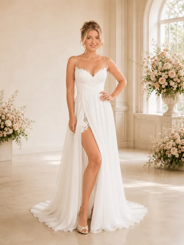 ChicSew Sexy A-Line Spaghetti Straps Chiffon Sleeveless Side Slit Long Wedding dresses Online made by ChicSew