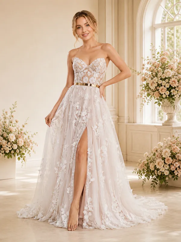 ChicSew Sexy Sweetheart A-Line Sleeveless Lace Tulle Long Wedding Dresses made by ChicSew