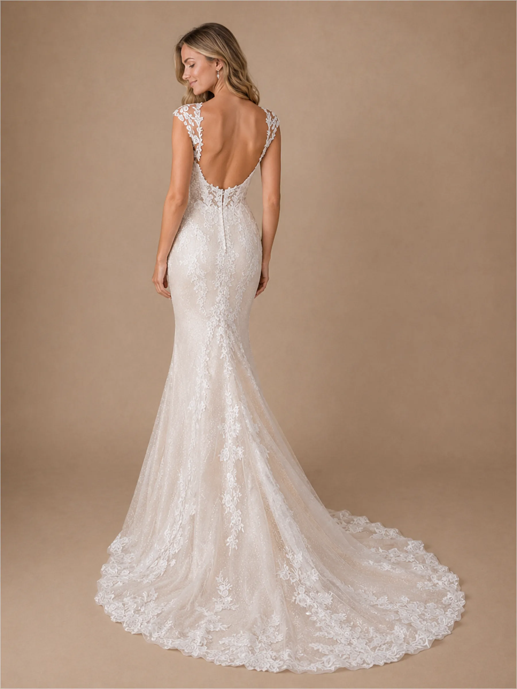 ChicSew Sexy V-Neck Mermaid Lace Tulle Sleeveless Maxi Wedding Dress With Train sold by ChicSew product image thumbnail 3
