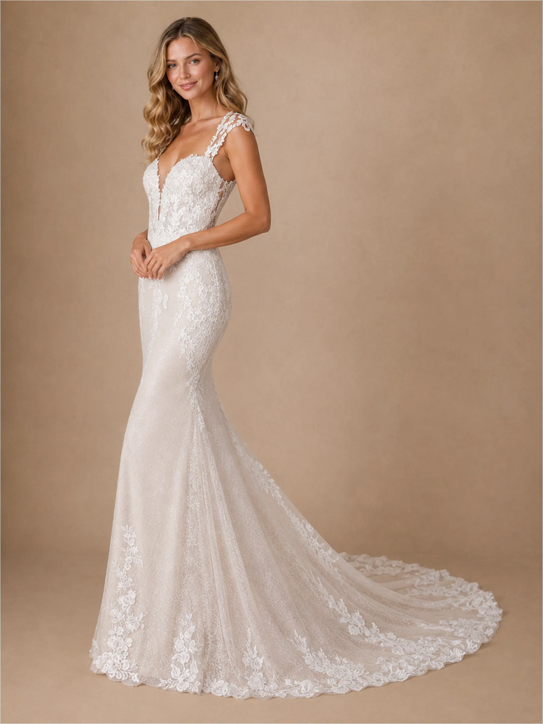 ChicSew Sexy V-Neck Mermaid Lace Tulle Sleeveless Maxi Wedding Dress With Train sold by ChicSew product image thumbnail 4