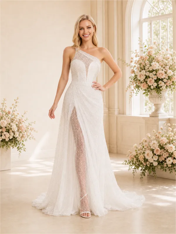 ChicSew Elegant One Shoulder A-line Glitter Tulle Side Slit Long Wedding Dresses made by ChicSew